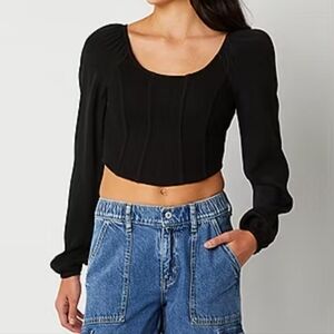 ARIZONA Size X-Large Black Scoopneck Ribbed Cropped Balloon Sleeve Blouse NWT